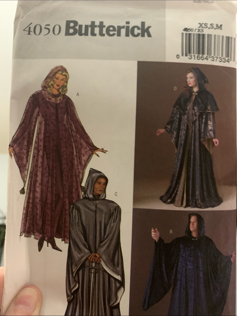 Butterick 4050 Hooded Gown Costume Pattern. Size XS, S, M. Uncut